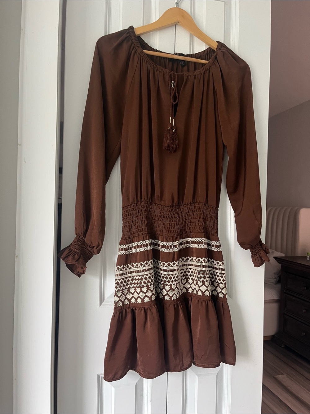 Brown Long-Sleeve Smocked Waist Boho Dress